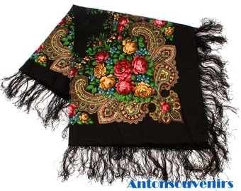 Russian, Authentic, Original, Pavlovo Posad Shawl, Scarf 100% Wool (Silk Fringe)