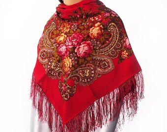 Russian, Authentic, Original, Pavlovo Posad Shawl, Scarf 100% Wool (Silk Fringe)