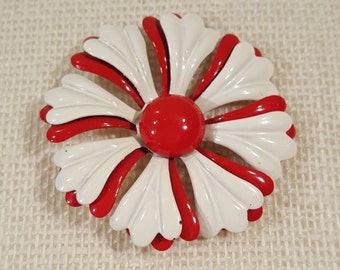 Vintage Metal Red and White Flower Brooch Pin