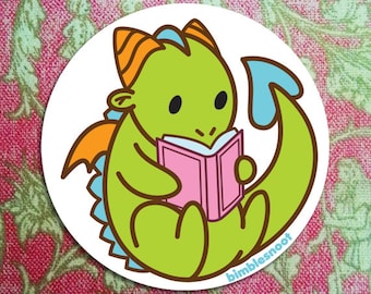 Vinyl Sticker - Tiny Green Dragon Reading a Good Book! Waterproof, for Indoor or Outdoor Use!