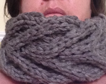 Hand knitted cable cowl scarf
