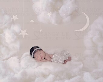 Newborn Digital Backdrop - Clouds with White Moon and Stars Background Composite