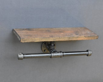 Double Industrial Toilet Paper Holder with Top Shelf, Rustic Pipe Bathroom Decor