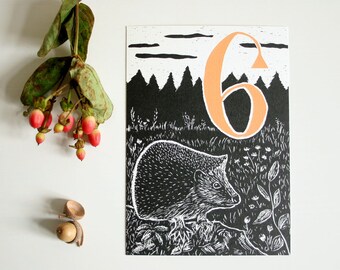Happy Birthday postcard hedgehog, children, forest animal illustration, scratchboard, sixth birthday, greeting card, black, six