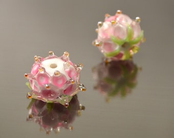 Flower beads, Handmade flower lampwork beads, Lampwork flower, Lampwork glass beads, Floral beads, Artisan lampwork beads, Tender pink