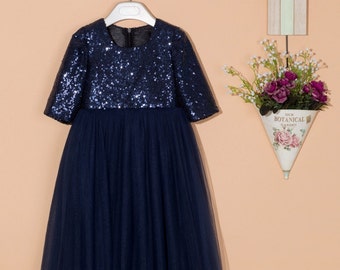 Navy blue flower girl dress/tulle flower girl dress/junior bridesmaid dress/sequin flower girl dress/wedding dress with sleeves 0075