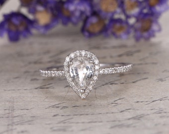 white Sapphire engagement ring with Diamond,Solid 14k white gold,promise ring,bridal,5x7mm pear custom made fine jewelry,prong set
