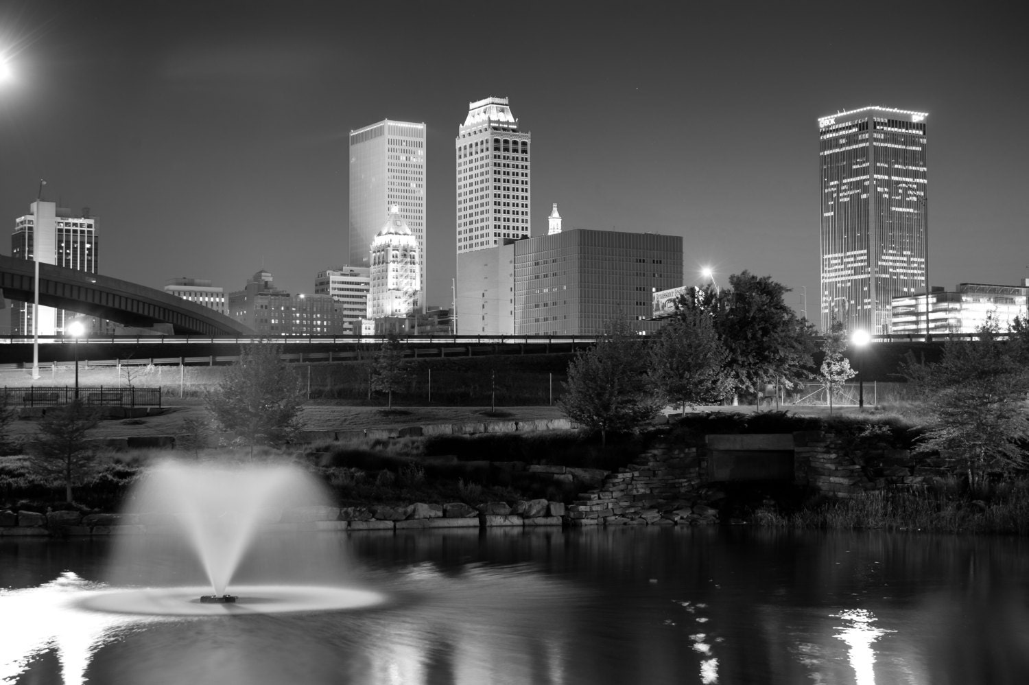 Tulsa Skyline at Night Print Tulsa Black White Print