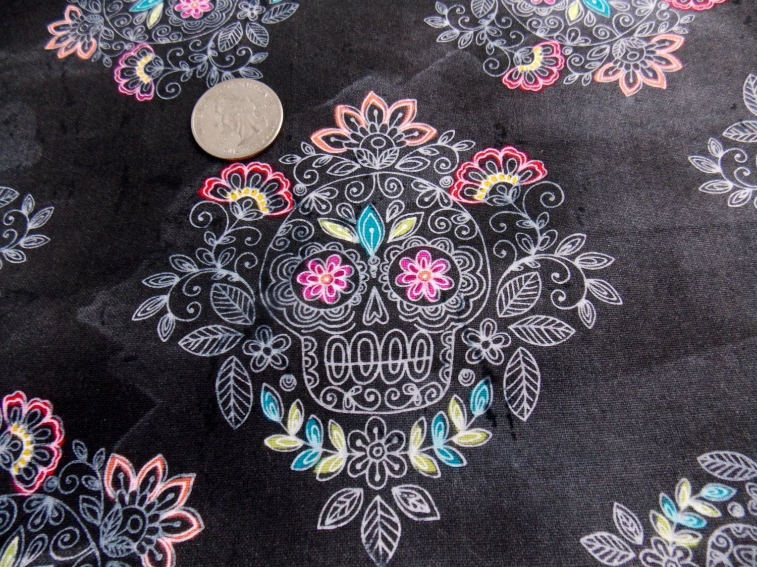 Sugar Skull Fabric Day Of The Dead Fabric Chalkboard Sugar Skull Neon