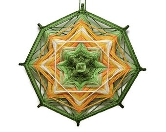 Wall art mandala Green orange white yarn Ojo de dios Wall decoration circl Circle of live Meditation mandala Home decor Boho wall decoration