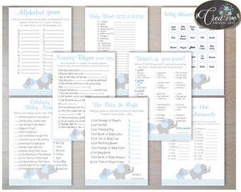 Elephant Baby Shower Games Package, 8 Printable Blue Games, Baby Shower Games Elephant Printable, Baby Shower Boy - Instant Download - ebl02