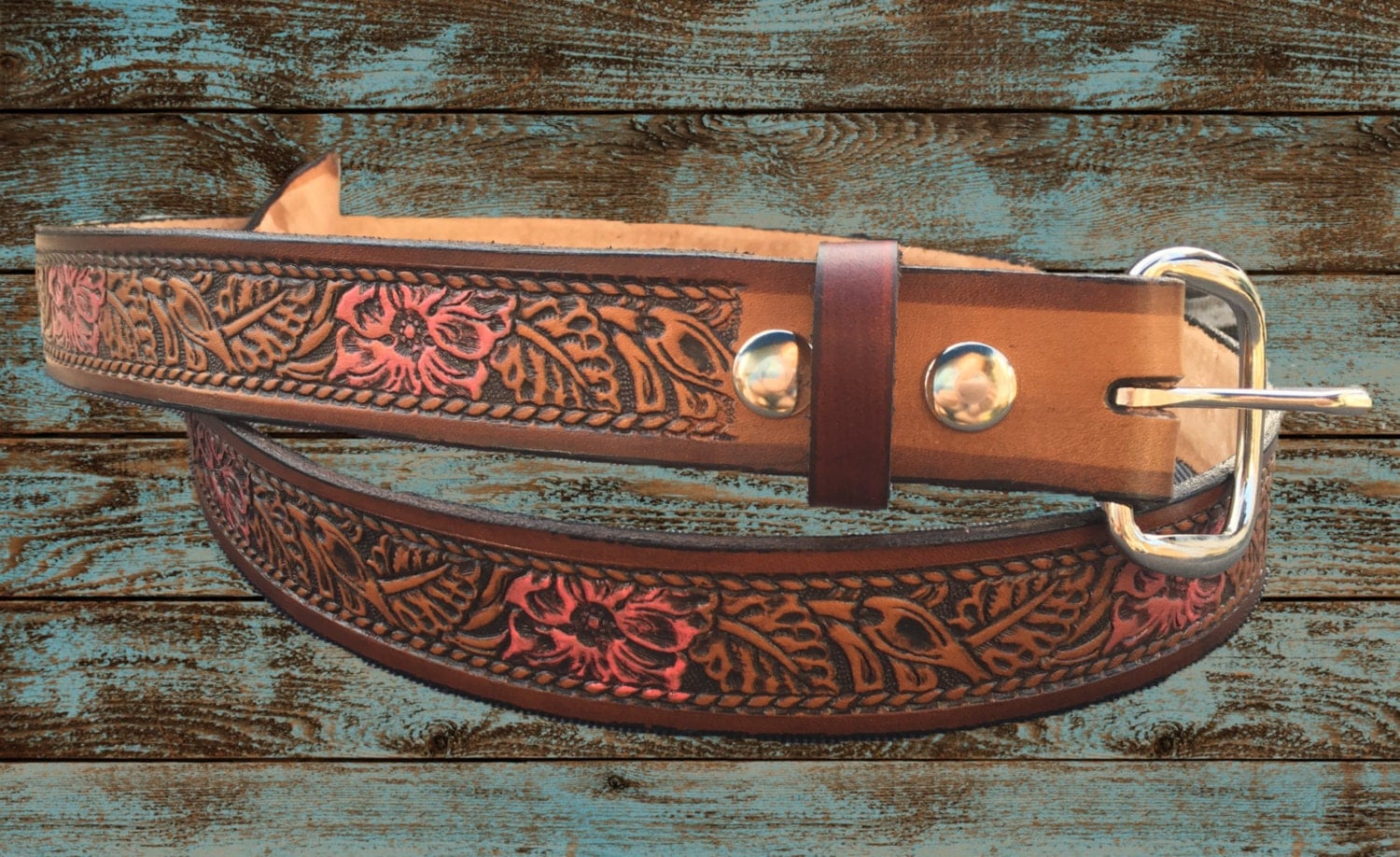 Genuine Leather handmade western scroll with pink flowers