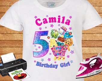 Any Name and Numeral on T-shirt Birthday Girl. Shopkins Birthday Shirt. Birthday Party. Iron on Transfer. Family Shirts. Printable.