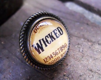 Wicked Halloween Glass Dome Statement Ring with Adjustable Band and Choice of Vintage Style Bezel in Antique Silver or Antique Bronze
