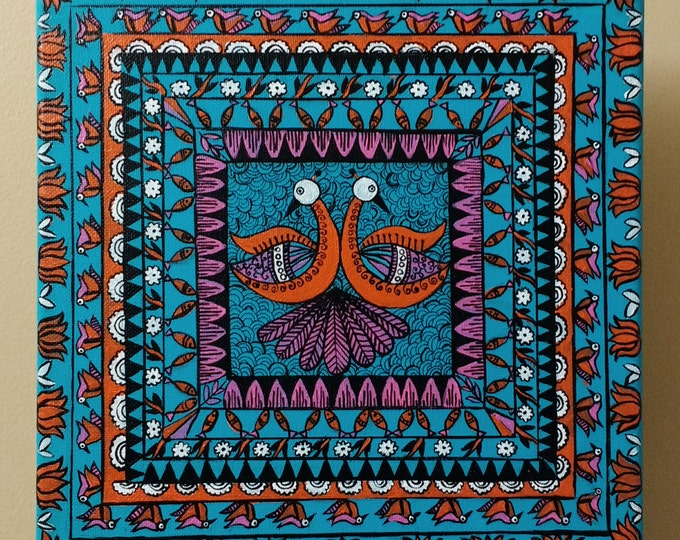 Folk painting, Madhubani, Original, Hand painted in Acrylic colors on stretched canvas 10 in X 10 in, Teal decor, Folk art, Gift for mom