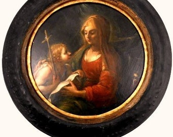 Vierge Marie avec Jean le Baptiste, Tableau Peinture à Huile ancien maître Circa. 1725 1750 Entourage Antonio Pianca Italie .