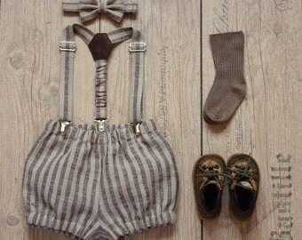 Baby boy 1st birthday outfit Cake smash outfit Natural brown striped linen bloomers suspender bow tie set Suspenders outfit Family photo