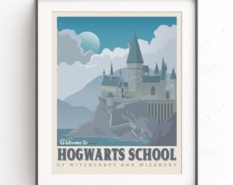 Hogwarts School art. Retro travel poster. Harry potter castle. Vintage illustration. Geekery art. Movie poster. Witchcraft wizardry. Nursery