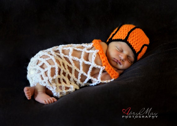 Basketball Hat And Net Set - Crocheted Newborn Photography Prop Outfit