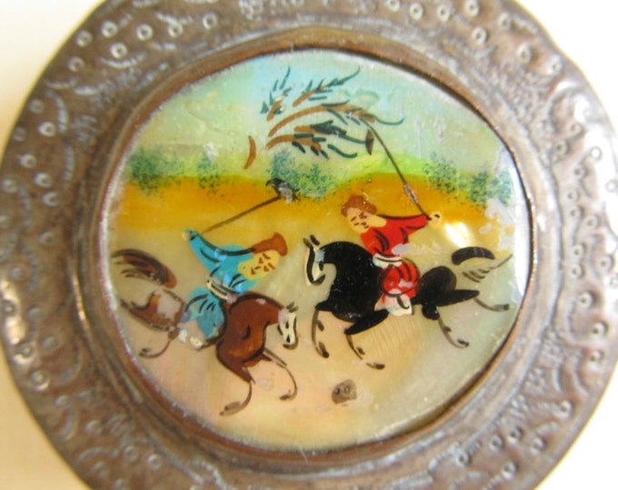 Persian patch box, vintage hand painted trinket box, ring box, powder box, handpainted chogan polo game miniature on mother of pearl