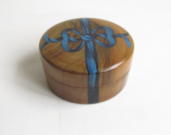 Wooden jewellery box, handpainted trinket box, small unique gift box with painted blue ribbon, gift for her, dressing table home decor
