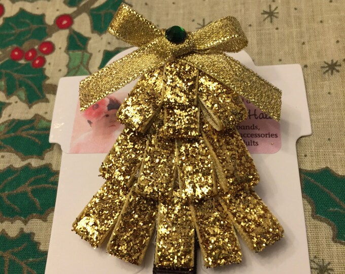 Grosgrain Gold Glitter Ribbon Sculpture Art Hair Bow Clip Clippie Christmas Tree