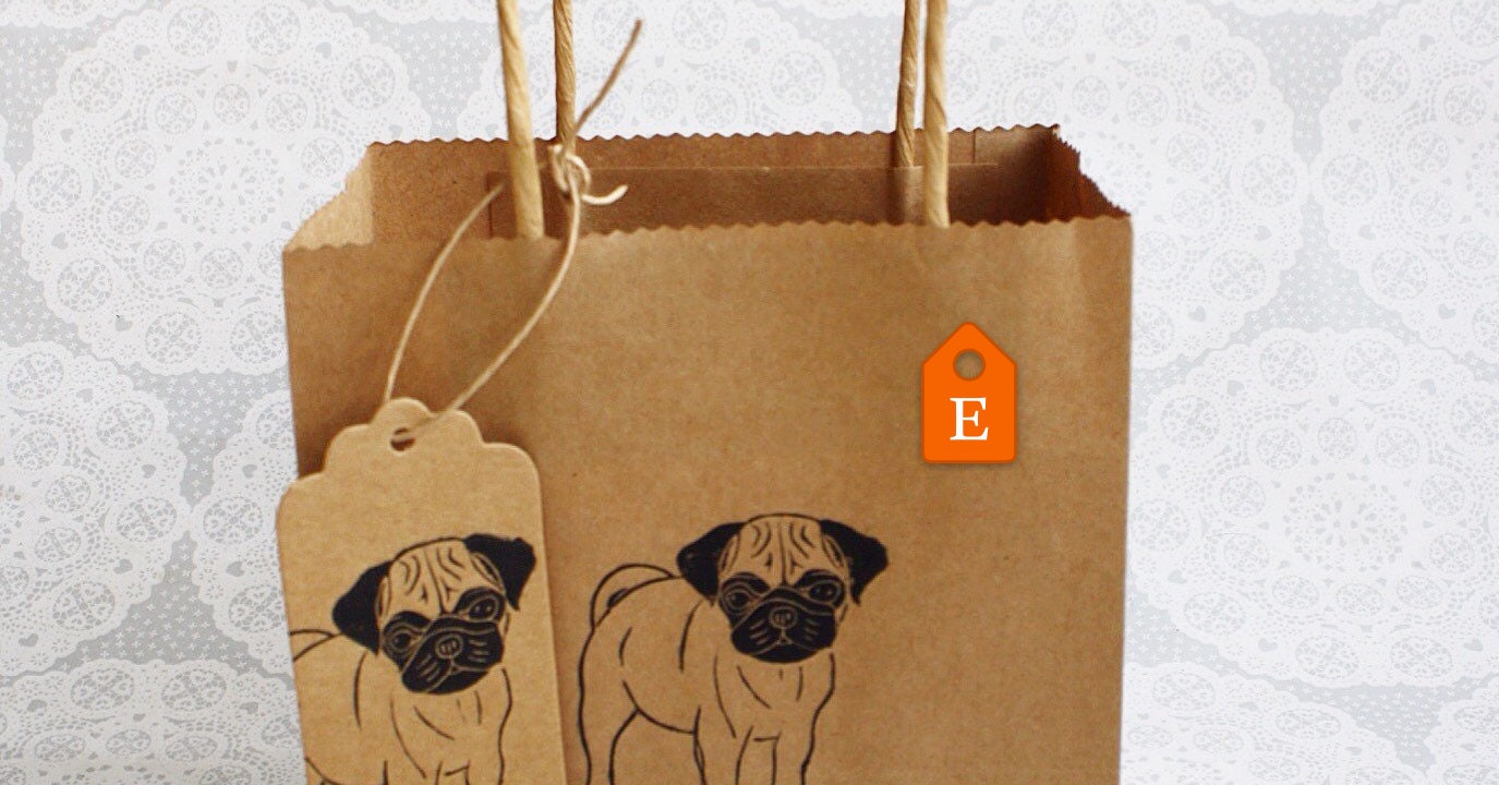Pug gift bag set Small kraft bag with matching pug gift tag