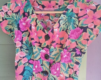 Vintage 80s Tropical Floral Bit Buttoned Cropped Shirt Top Blouse Size S/M