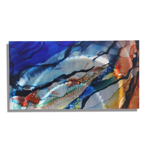 NEW Large Abstract Metal Wall Art in Blue Yellow & Orange