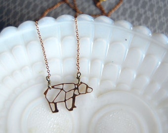 raw brass geometric design bear necklace- ursa minor - vintage brass- laser cut animal