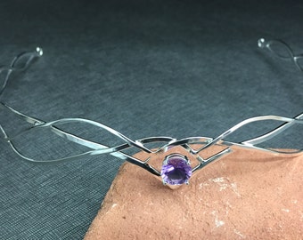 Elvish-inspired Wedding Circlet, Renaissance Circlet Faceted Gemstone, Sterling Silver Elvish Fae Tiara, Faery Leaf Circlet, Fae Wedding