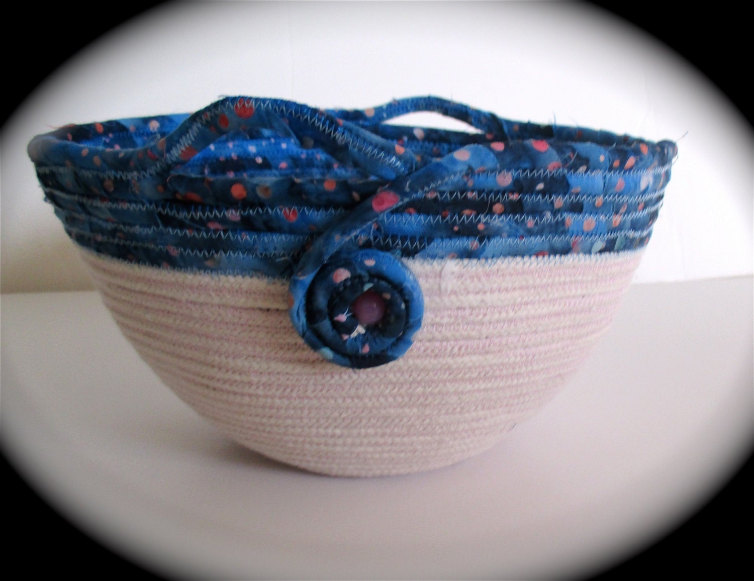 Hand made rope bowl sewn with clothesline and batik fabric