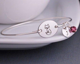 Woodland Jewelry, Silver Fox Bangle Bracelet, Personalized Fox Jewelry, Fox Bracelet Gift