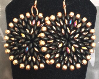 Iridescent Black and Copper Seed Bead Earrings - Big Bold Disc Earrings - Beaded Jewelry - Statement Jewelry