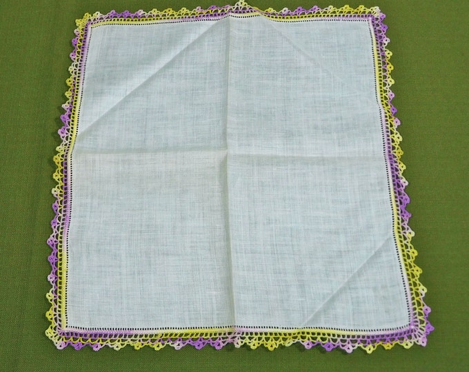 Purple Yellow Crocheted Edge White Hankie Handkerchief 12 inch