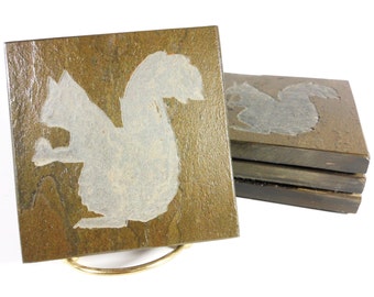 Squirrel Coasters - 4 Etched Slate Coasters - Hand Carved Stone Coaster - Natural Beverage Coasters - Animal Coasters Nature Forrest Decor