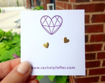 Tiny Brass Heart Studs with Sterling Silver Posts- Ready to ship