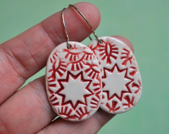 Porcelain Nine Pointed Star Earrings in Red and White