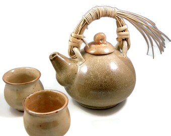 Pottery Teapot Set w Cane Handle / Handmade Ceramic Wheel Thrown Porcelain Stoneware Clay Teapot and Tea cups / Ready to Ship