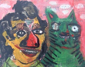 Outsider Cat Art Painting Collage - Original Abstract Girl, Tiger Cat on Canvas - Raw Naive Folk Artwork Wall Decor Brut Pink Yellow n Green