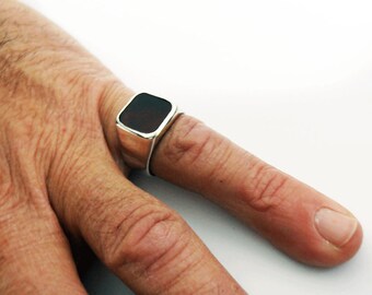Man signet ring. silver Signet ring, square silver Ring, Carnelian ring,black onyx ring, Israeli Rings. Hipster Ring.Gift for man