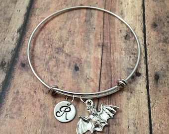 Bat initial bangle - bat jewelry, Halloween jewelry, fruit bat bangle, flying bat bracelet, Halloween jewelry, silver bat initial bracelet