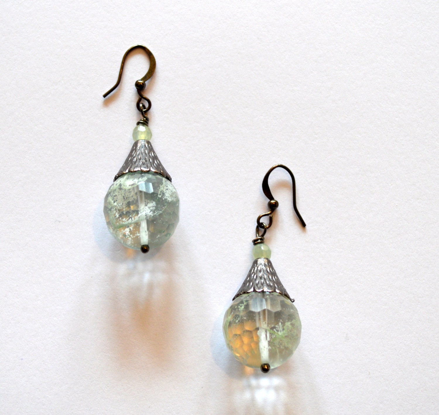 Light Green Silver Earrings / Rohdium Silver Cone by RawLuxGems