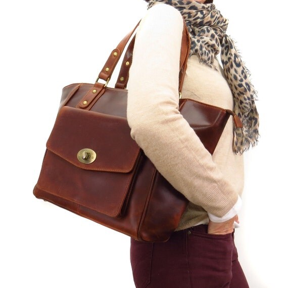 Leather Handbag Twist Lock Bag Tote Brown