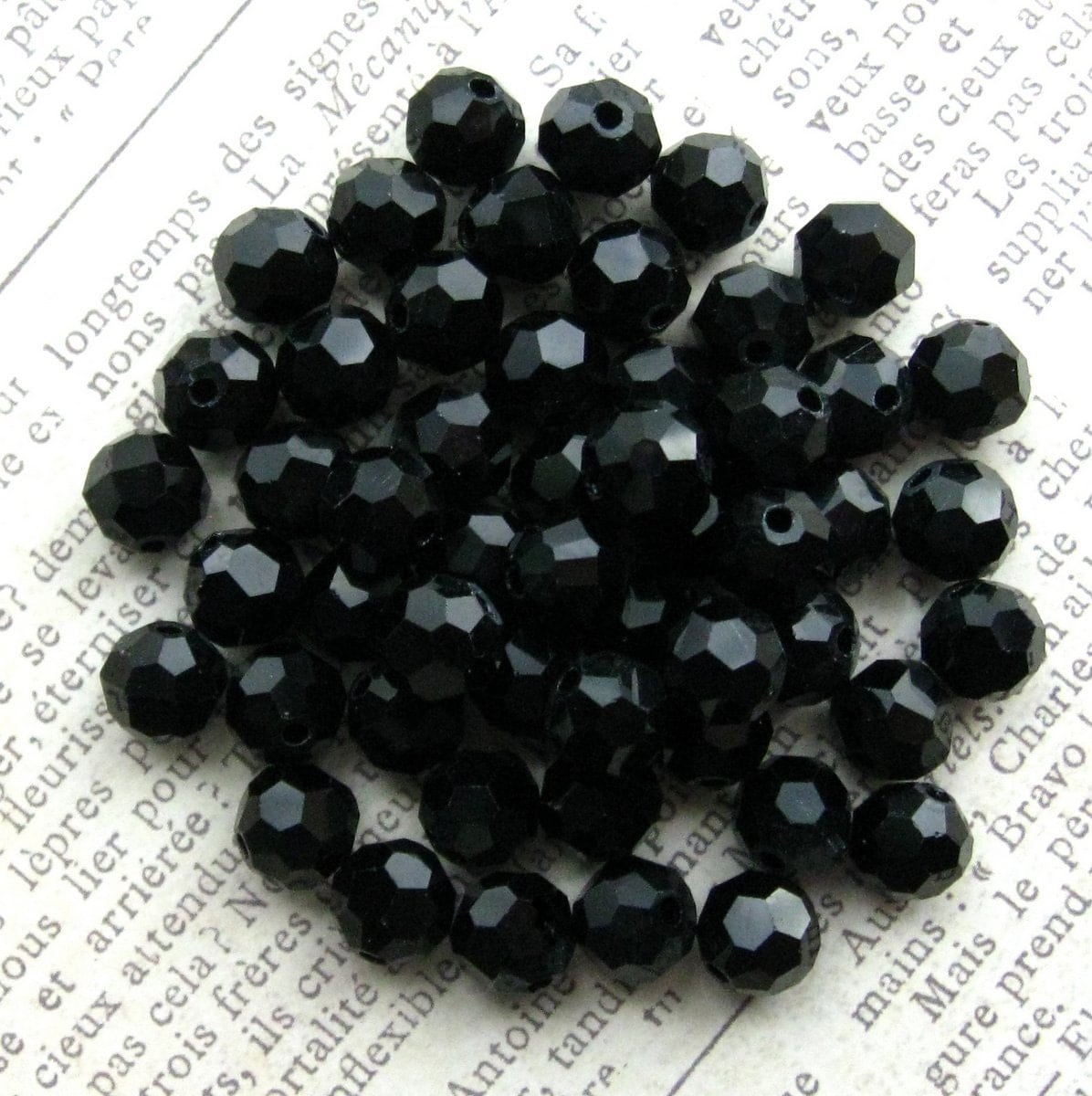 8mm Black Crystal Beads - Set of 50 - 8mm Round Glass Beads - Black