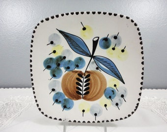 Vintage Hand Made Norwegian Square Plate - Blue and Brown Fruit