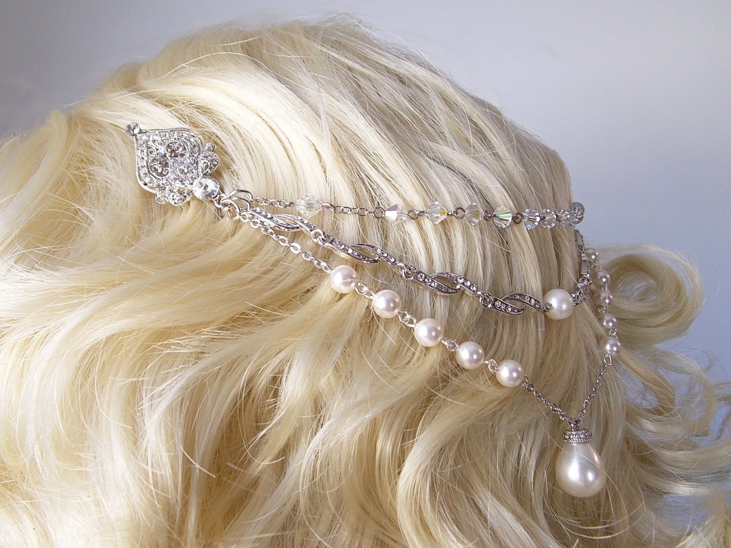Bridal Hair Chain with Handwrapped Pearls and Swarovski