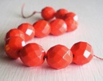 12 Opaque Coral 10m Faceted Rounds - Czech Glass Beads