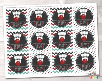 Birthday Party Favor Tags Childrens Bowling Birthday Party Favor Design Red Aqua Blue Gray Chevron & Polka Dots INSTANT DOWNLOAD