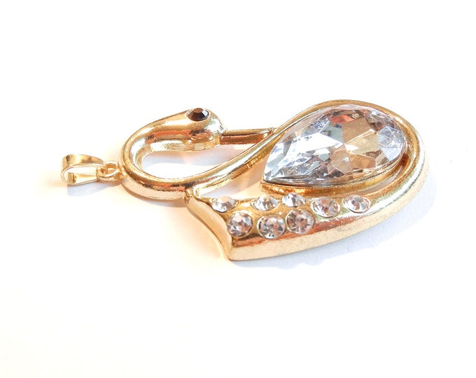 Large Gold-tone Swan Pendant with Rhinestones and Clear Acrylic Faceted Gem